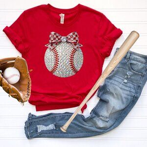 Gildan Soft Style Women’s Sparkly Graphic Faux Rhinestone Baseball T-Shirt